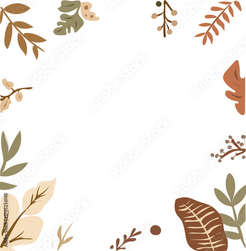 Vector design of Simple flat autumn background with a muted earthy color palette featuring shades of olive green, terracotta, and golden brown, basic stylized leaf icons