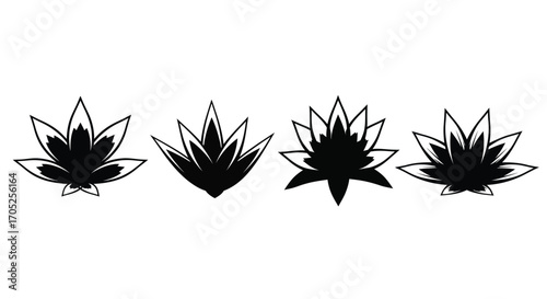 Four stylized black lotus flower silhouettes in a row
