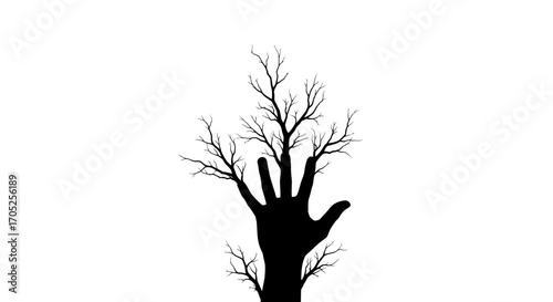 Symbolic fusion of human hand and tree branches representing interconnectedness of life