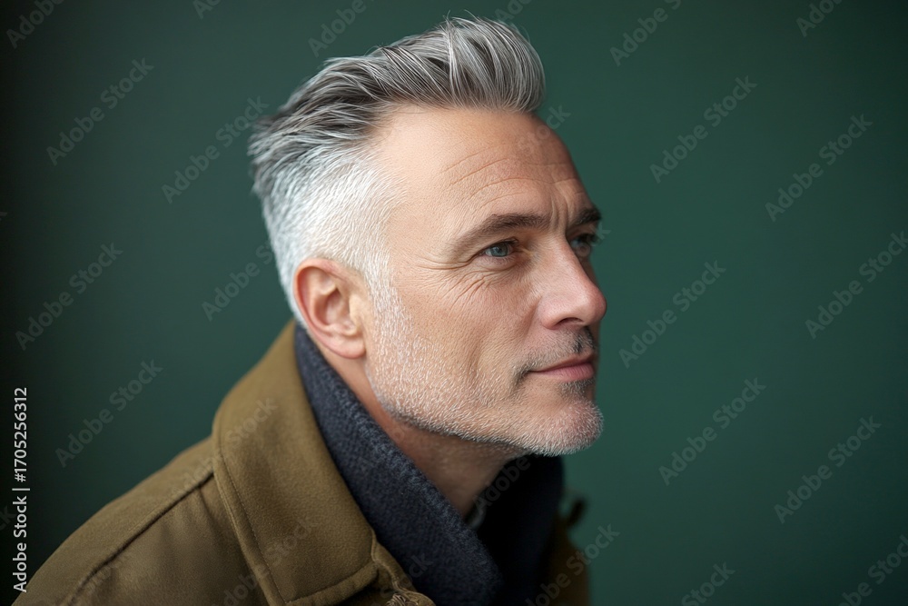 Fototapeta premium A fashionable midlife male standing confidently. Green solid bac