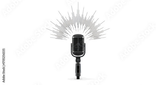 Vintage microphone with radiating sound waves against a clean white background