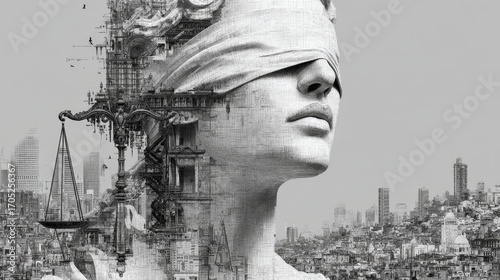 A blindfolded woman symbolizes justice, with a cityscape and architectural elements integrated into her figure. The scene is monochromatic and abstract.