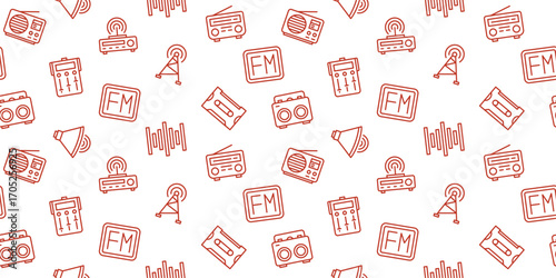 Seamless Radio and Broadcast Pattern: Outline Icons of Old Radios, Cassettes, and Antennas for Retro, Communication, and Audio-Themed Designs