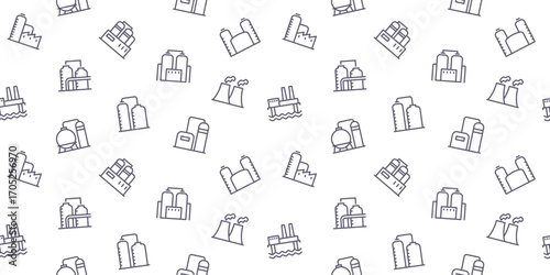 Seamless Factory and Industry Pattern: Outline Icons of Factories, Nuclear Plants, and Warehouses for Business and Manufacturing Backgrounds