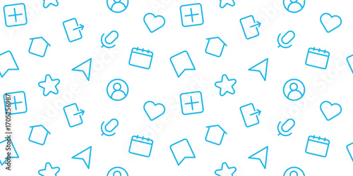 Seamless Social Media and UI Icon Pattern: Outline Icons of Likes, Stars, and Calendars for Digital, App, and Web Design Backgrounds