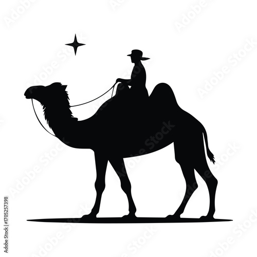 Silhouette of a camel and rider following the guiding star concept art