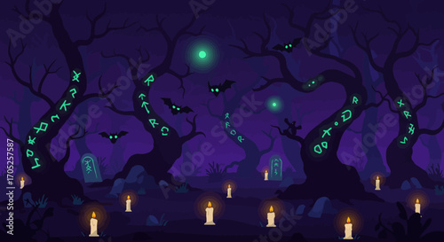 Spooky forest scene with glowing runes on trees and candles.
