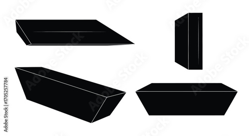 Four isometric views of a black rectangular prism silhouette