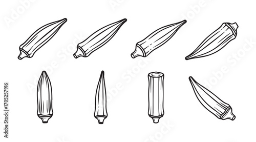 Collection of hand drawn okra pods in silhouette style