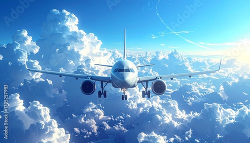 空飛ぶ飛行機のイラスト(青空)