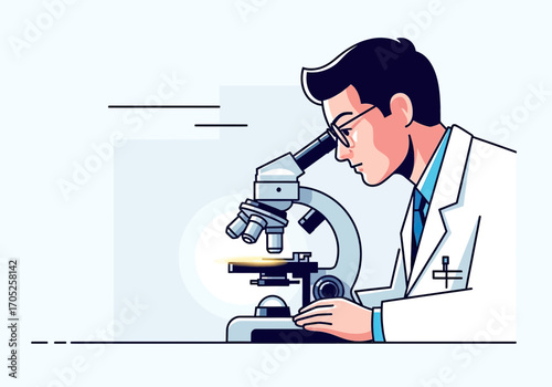 Dedicated scientist intently examines specimen under microscope in a modern lab setting for breakthroughs
