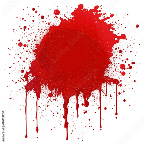 Vibrant crimson red paint splatter with dripping effect and scattered droplets, abstract artistic expression