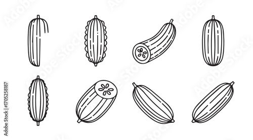Collection of hand drawn cucumber illustrations in a distinctive silhouette style