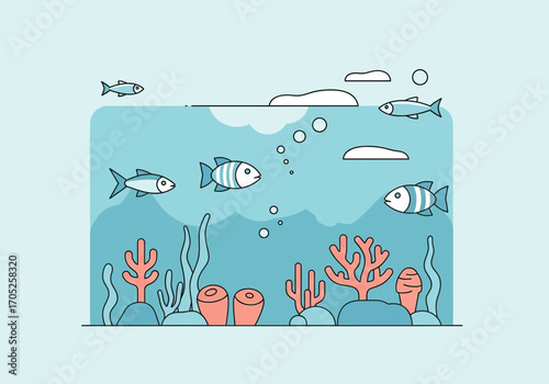 Vibrant underwater scene with playful fish swimming amongst colorful coral reefs and flowing seaweed.