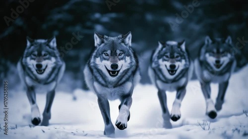 Pack of wolves running through a snowy forest at night.
