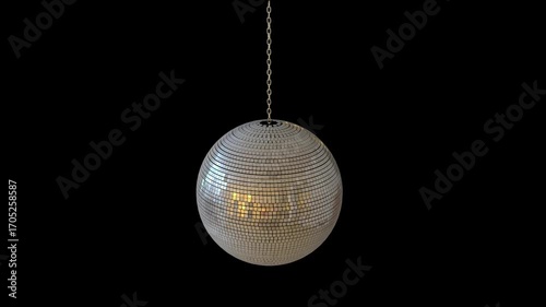 3D animation of a spinning shiny disco ball on a gray background.