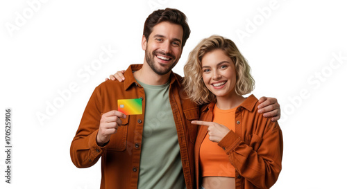 Happy couple holding credit card isolated on transparent background