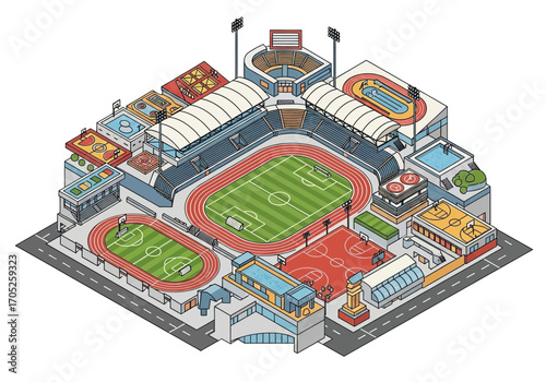 Vibrant isometric sports complex showcasing diverse athletic facilities and vibrant community spaces