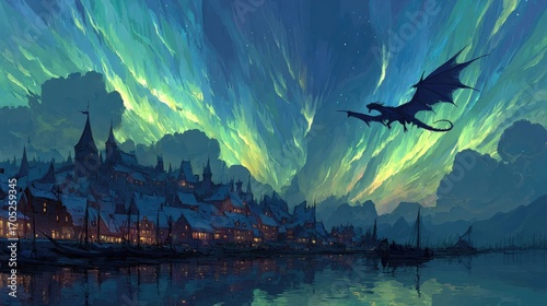 Fantasy landscape with a dragon flying over a vibrant city at dusk.