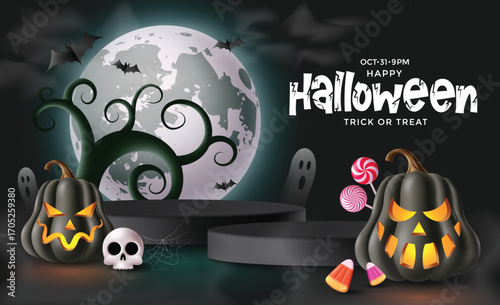 Dark Halloween vector with glowing black pumpkins, skull, candy corn, lollipops, bats, and ghosts under a full moon. A spooky clipart perfect for trick or treat invites, banners, and party decorations
