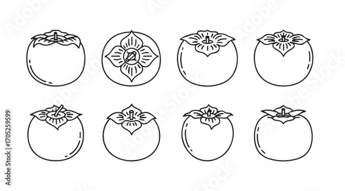 Collection of hand drawn persimmon fruit silhouettes with detailed leafy tops