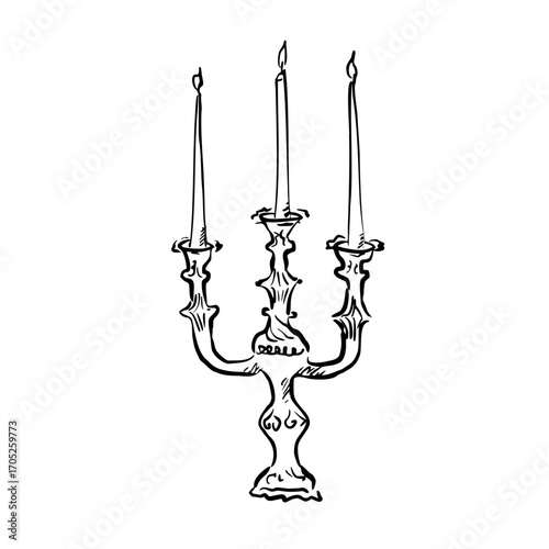 Elegant vintage candelabra with burning candles. Whimsical quickly sketch. Modern vector illustration. Outline vintage candle holder. Isolated clipart for romantic decor, wedding stationery, posters