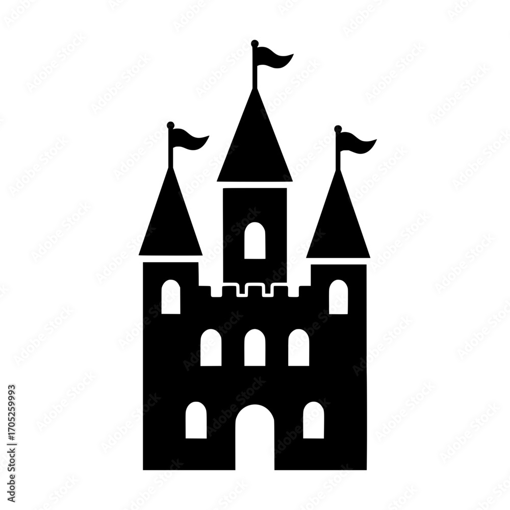 Fototapeta premium A silhouette illustration of a castle or palace, complete with towers and flags.