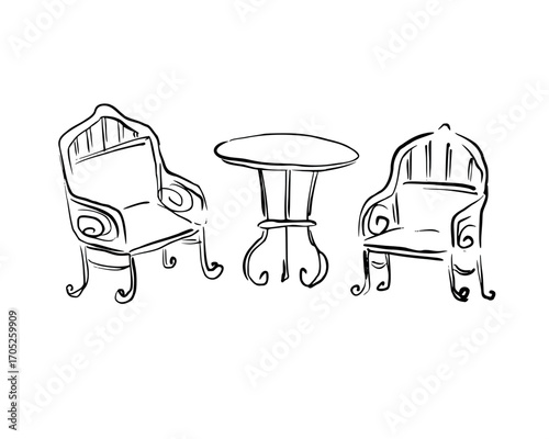 Vintage chairs with coffee table. Garden furniture. Vector whimsical line art illustration for Victorian projects, journaling, posters, romantic decor, invitations, literature aesthetics, cards