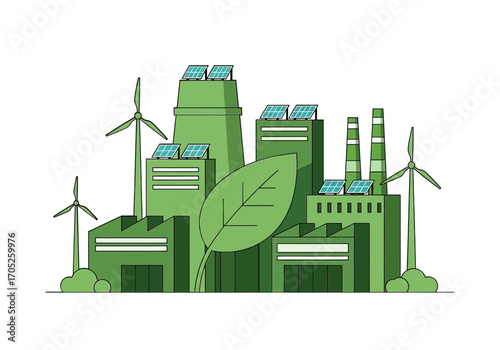 Sustainable green factory complex with wind turbines and solar panels, symbolizing eco-friendly industry.