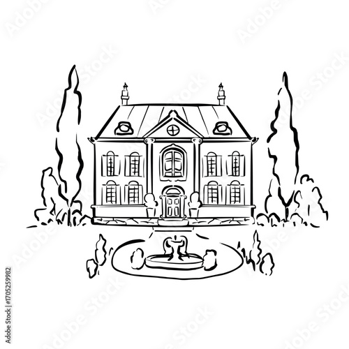 Elegant vintage manor house with garden view. Vector whimsical line art illustration. Perfect for romantic literature themes, posters, Victorian aesthetics, vintage decor, invitations, journaling