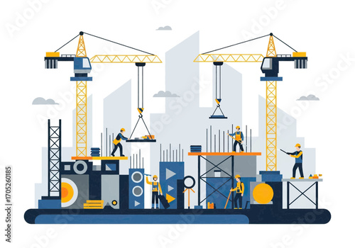 Dynamic construction scene with workers and cranes building modern urban structures