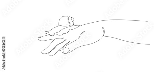 Minimalist one line drawing of a hand with a snail on top in continuous line art style. The illustration shows a human hand resting while a snail crawls across, symbolizing patience, nature