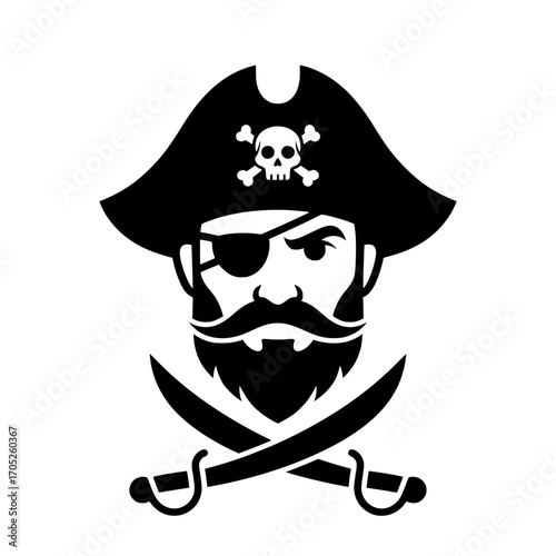 A vector illustration silhouette of a courageous pirate. Featuring a pirate hat, an eye patch, a thick beard, and two crossed swords. For a logo, a sports team mascot, or adventure-themed designs.