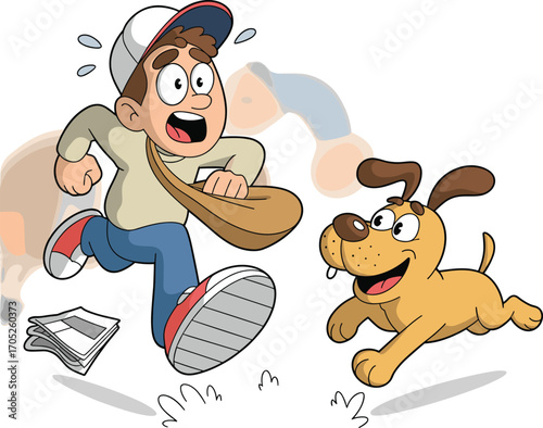 Cartoon boy running from playful dog with newspaper bag, funny chase scene, outdoor motion blur, humorous pet interaction vector illustration