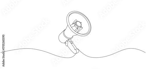 Minimalist one line drawing of a megaphone in continuous line art style. The illustration features a loudspeaker with a handle, created using a single flowing line, symbolizing communication