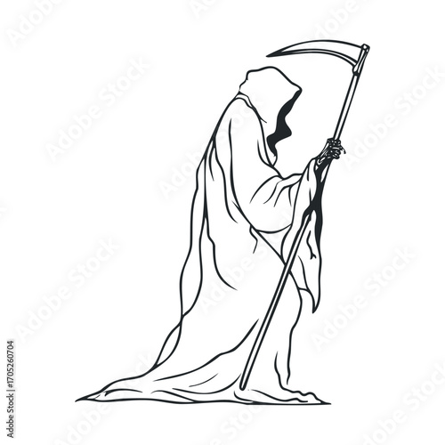 A line drawing of a hunched Grim Reaper with a scythe.