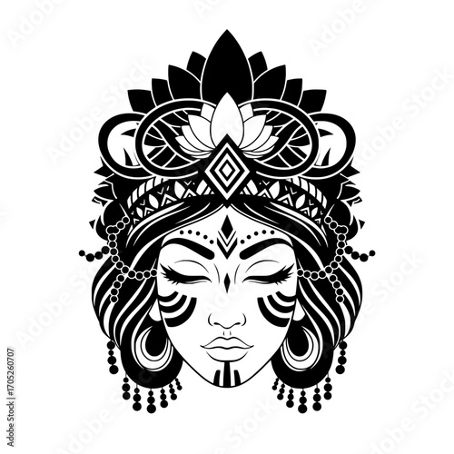 Ethnic Woman's Face Illustration with Headdress Ornaments