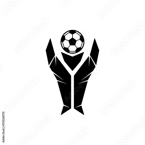 A simple vector illustration featuring a geometric figure holding a soccer ball above its head. This design symbolizes victory, success, and the spirit of a champion in sports.