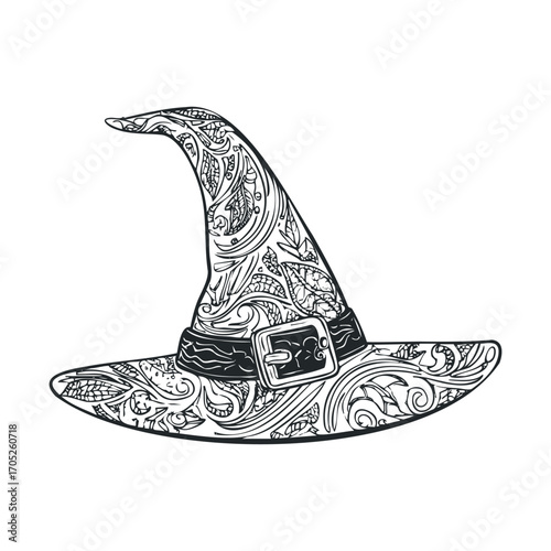 A highly detailed drawing of a decorative witch's hat.