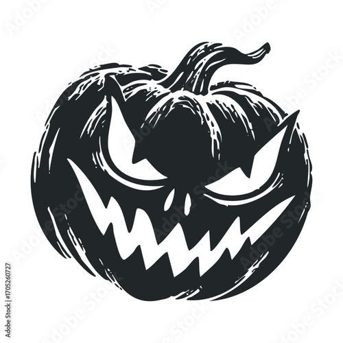 A menacing carved pumpkin with a jagged, evil grin.