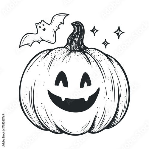 A hand-drawn sketch of a cute smiling cat with a pumpkin charm.
