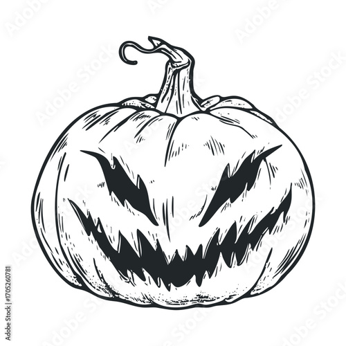 A hand-drawn sketch of a scary, sharp-toothed pumpkin.