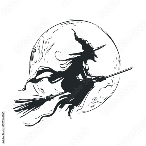A spooky silhouette of a witch flying on a broomstick in front of a moon.