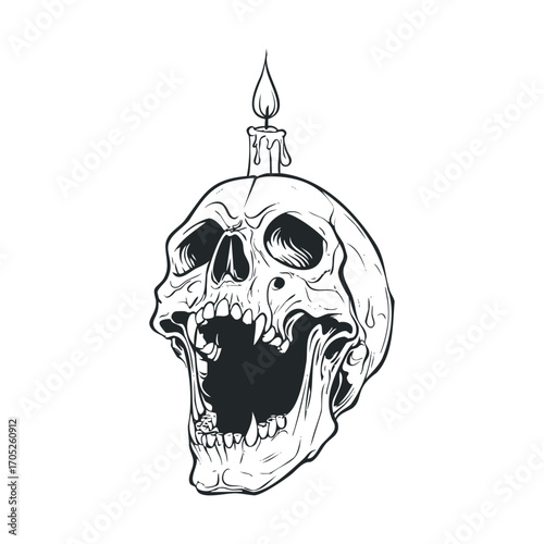 A spooky drawing of a skull with a lit candle on top.