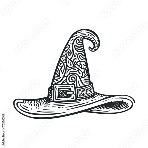 A detailed, hand-drawn witch hat with a belt and buckle.