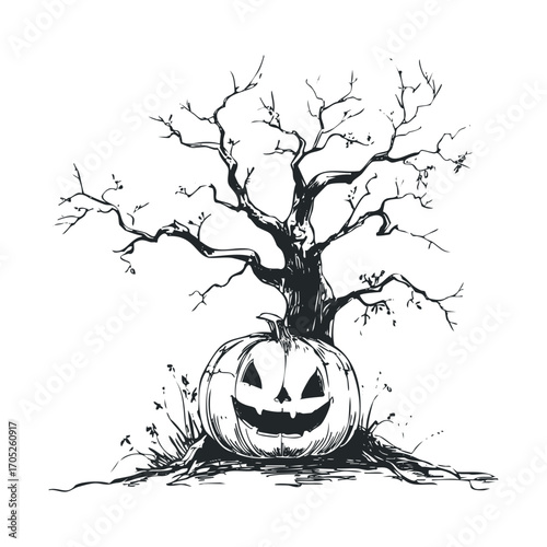 A hand-drawn spooky scene with a pumpkin under a tree.