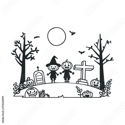A Halloween scene with two pumpkin characters and tombstones.