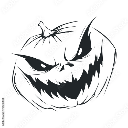A spooky drawing of a grinning pumpkin with sharp teeth.