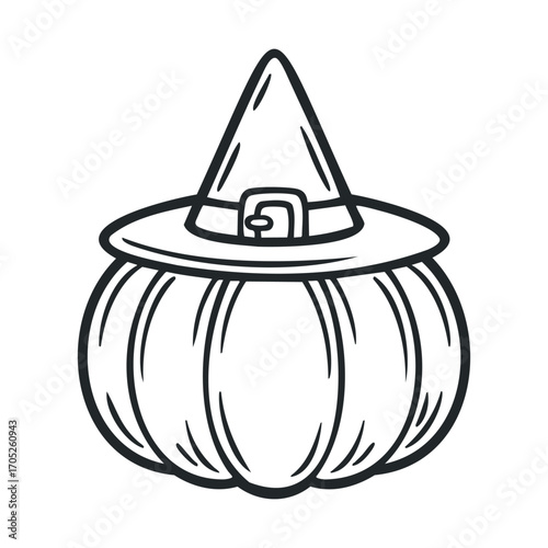  A hand-drawn pumpkin wearing a witch's hat.