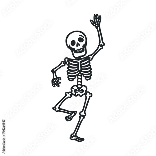 A simple drawing of a dancing skeleton waving with one hand.